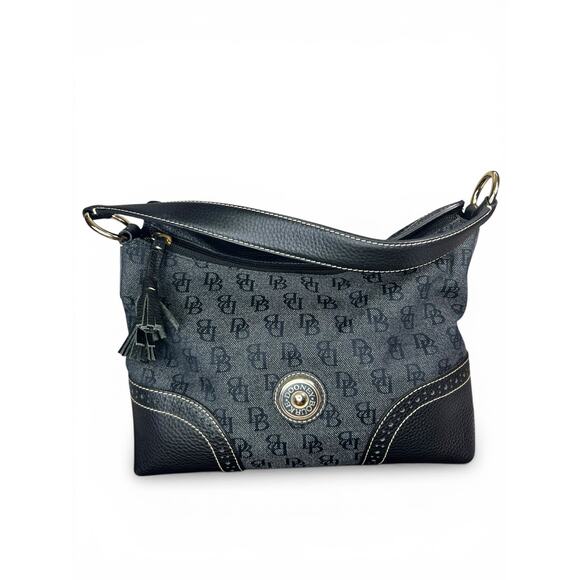 Dooney & Bourke Handbags - Vintage Dooney & Bourke Signature Monogram Hobo Bag Black Navy Blue / Gray